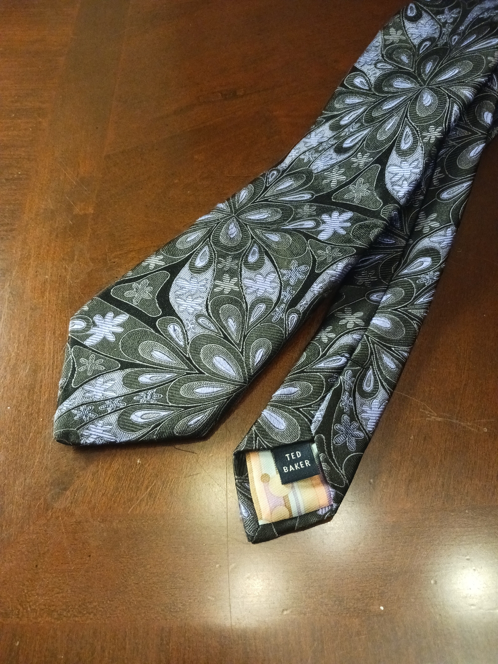 Ted Baker London Silk Tie Black Lavender Floral Paisley Jacquard Mens Necktie